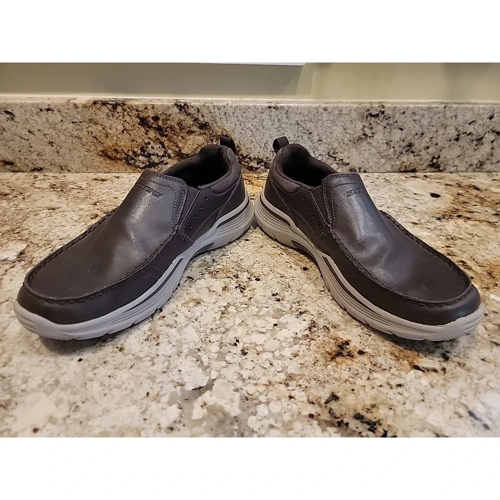 Skechers Expended Seveno Relaxed Fit Brown Leather Slip On Shoes 66146 Mens 9.5